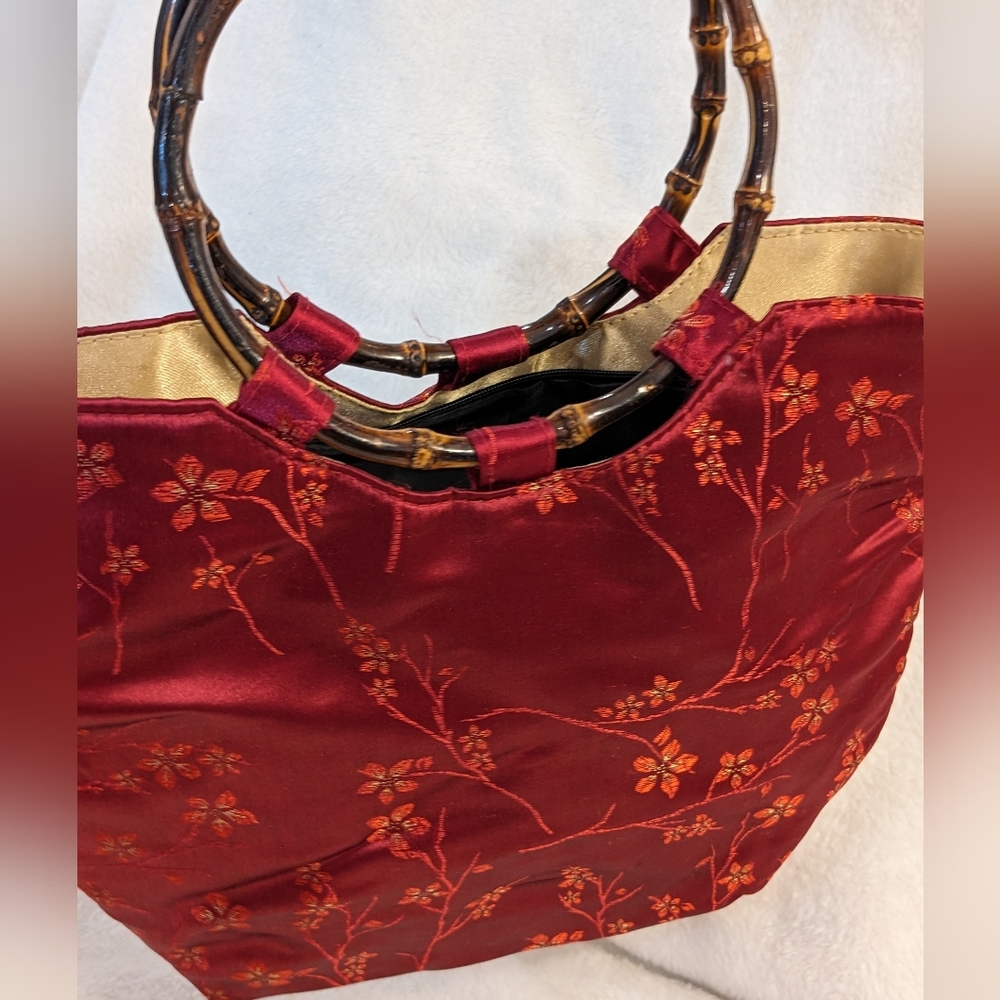 Vintage SILK CHINOISERIE Floral ASIAN Purse with Bamboo Double Handles